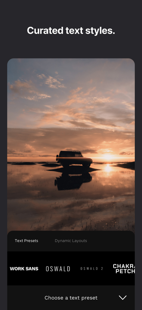 Interface of the LD app showing curated typography presets and text styles over a cinematic sunset landscape photo.