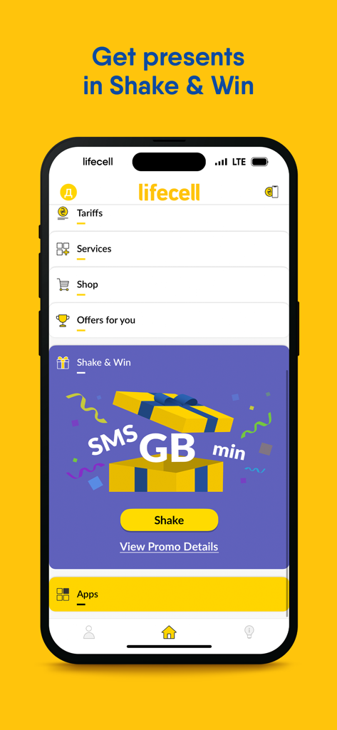 My lifecell - Smartphone interface of My lifecell app showing the Shake and Win gift section