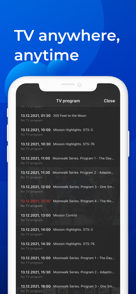 Interfaz de la aplicación móvil que muestra el horario de programación de TV para los canales de la NASA