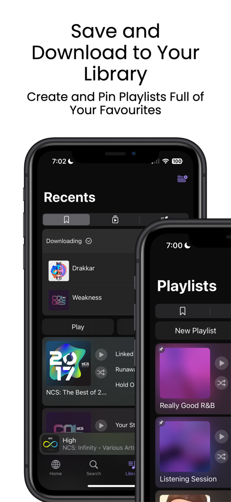 Openmusic - Openmusic app screens for managing music library and pinning favorite playlists.