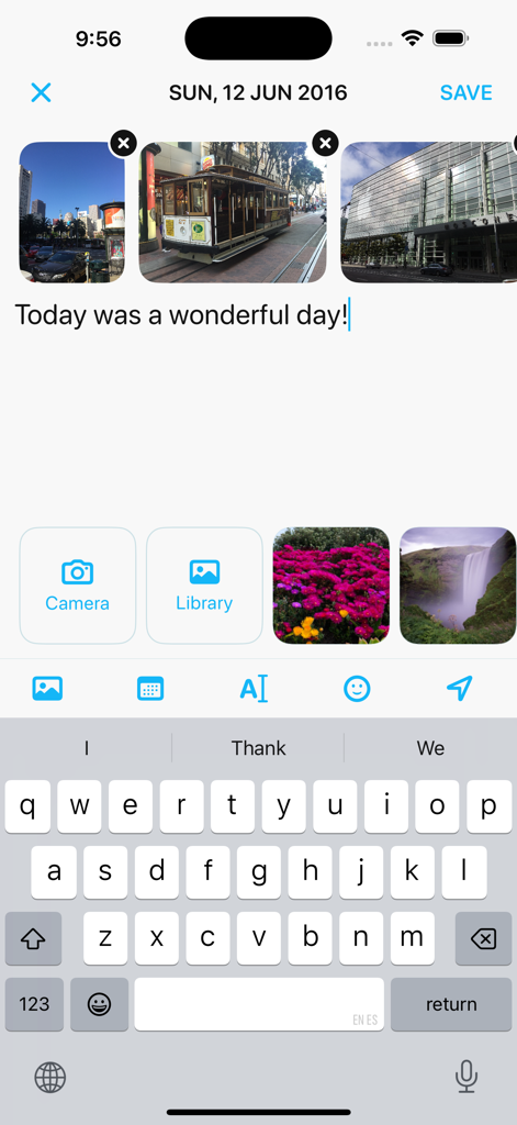 Gratitude by GratefulDay - Gratitude app interface for creating a daily journal entry with photos and text