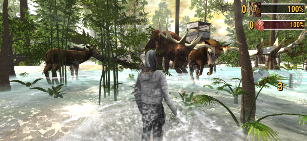 Ice Age Hunter: Evolution-U - Ice Age Hunter gameplay showing a character hunting a giant megaloceros in a swamp