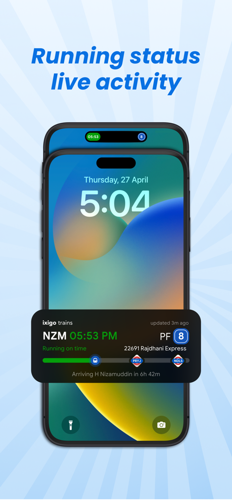 ixigo Trains: Ticket Booking - ixigo Trains live running status notification on an iPhone lock screen.