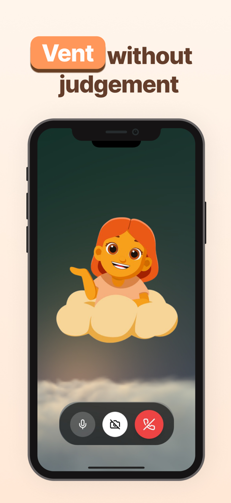 A smartphone showing the Juno app with a friendly orange haired AI character and the text Vent without judgement