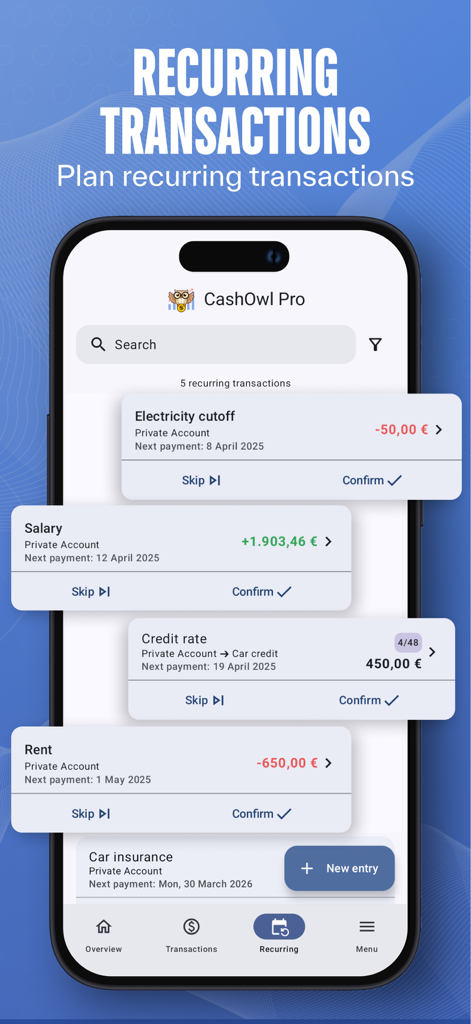 Interfaz de la aplicación CashOwl que muestra una lista de transacciones recurrentes como salario, alquiler y facturas de servicios públicos con opciones para confirmar o omitir