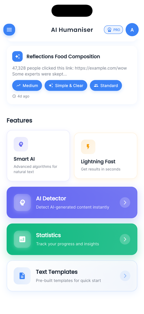 Screenshot of the AI Humaniser app interface displaying key features like AI Detector, Smart AI, and Text Templates.