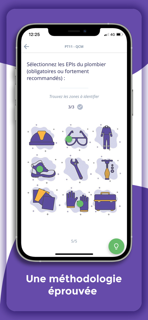 La Taloche - Écran d'une application mobile montrant un quiz interactif où l'utilisateur sélectionne l'équipement de sécurité correct pour un plombier parmi un ensemble d'icônes.