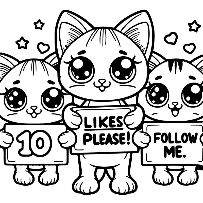 3 kawaii kittens: one of the kittens is holding a sign that says 10 likes please, the second kitten is making googly eyes and finally the third kitten is holding a sign that says follow me.