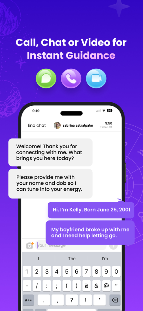 Interface of the Purple Garden app showing a live chat psychic reading for relationship guidance