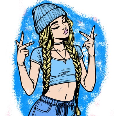 realistic teenage girl with braids and a beanie and crop top doing 🫶🏼