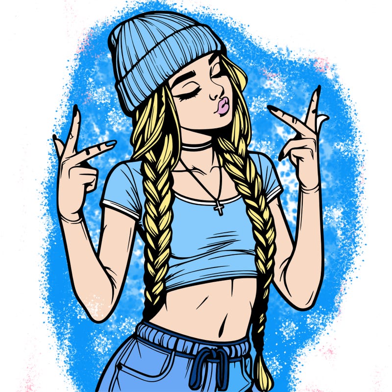 realistic teenage girl with braids and a beanie and crop top doing 🫶🏼