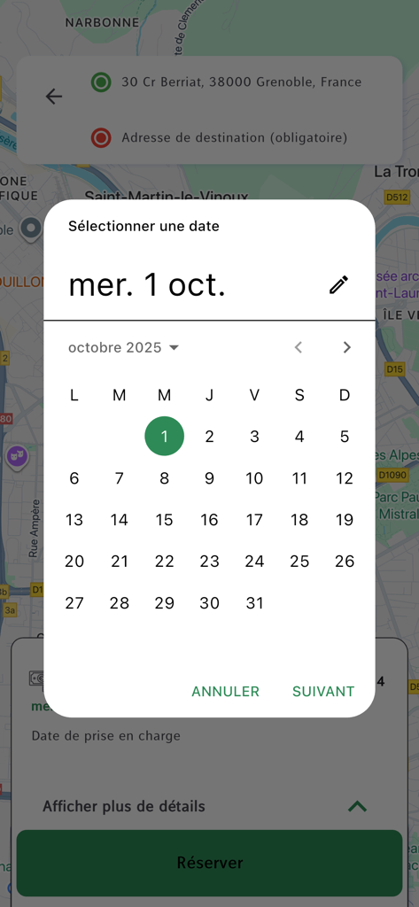 Taxis Grenoblois - Interface de l'application Taxis Grenoblois montrant un calendrier de sélection de date pour planifier un trajet en taxi à Grenoble.