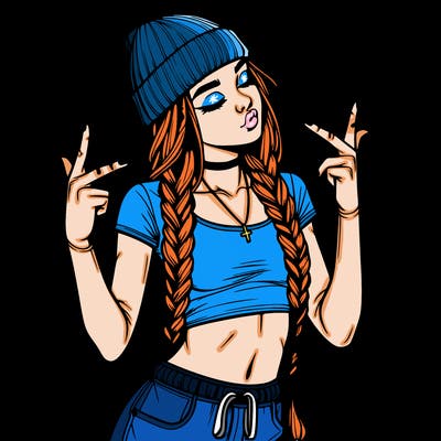 realistic teenage girl with braids and a beanie and crop top doing 🫶🏼