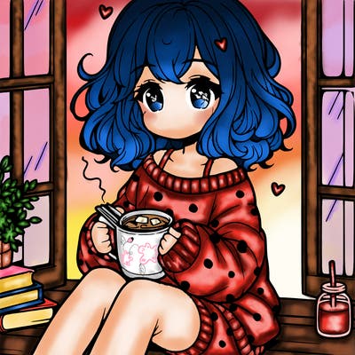 cute anime girl reading book and drinking hot chocolate from mug with loose wavy hair wearing a baggy sweatshirt and shorts sitting by windowsill looking out