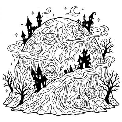 Get ready for a unique Halloween coloring experience with this ice cap design reimagined as a spooky landscape. Featuring haunted houses, grinning jack-o'-lanterns, and playful ghosts, it's perfect for teens seeking creative thrills.