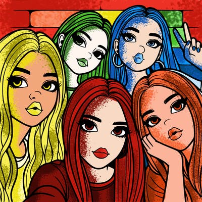 group of teen girls friends y2k up close in a selfie