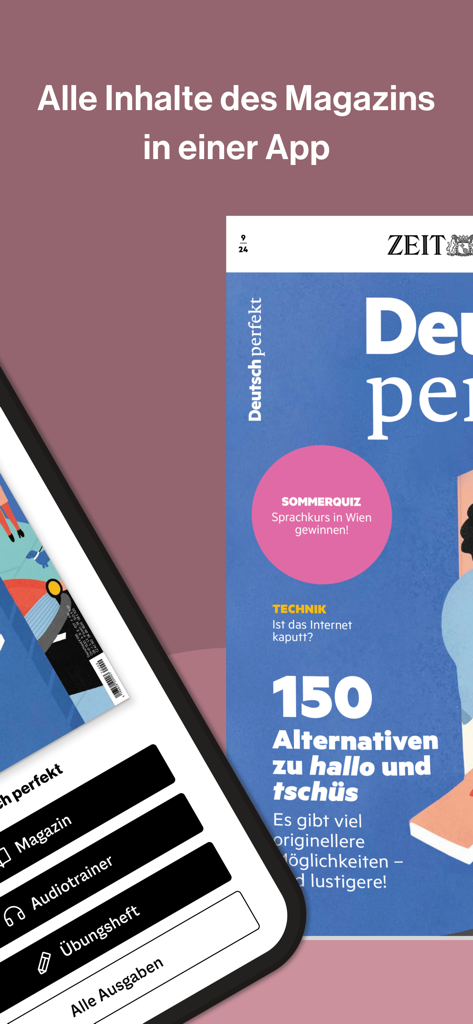 Deutsch perfekt app interface showing options for magazine audio trainer and exercise book