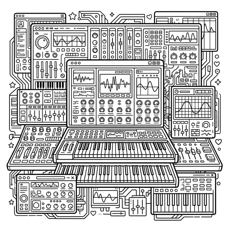 Explore the intricate world of digital sound creation with this detailed software synthesizer coloring page. Perfect for music lovers and tech enthusiasts, it offers a unique artistic challenge.