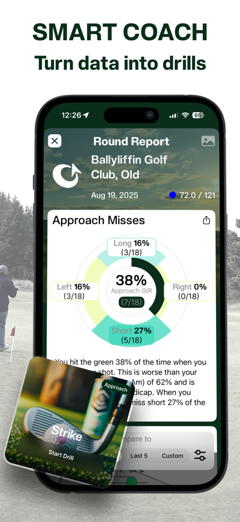 Tangent Golf: GPS Smart Caddie - Tangent Golf app round report screen showing approach shot analytics and practice drills recommendation.