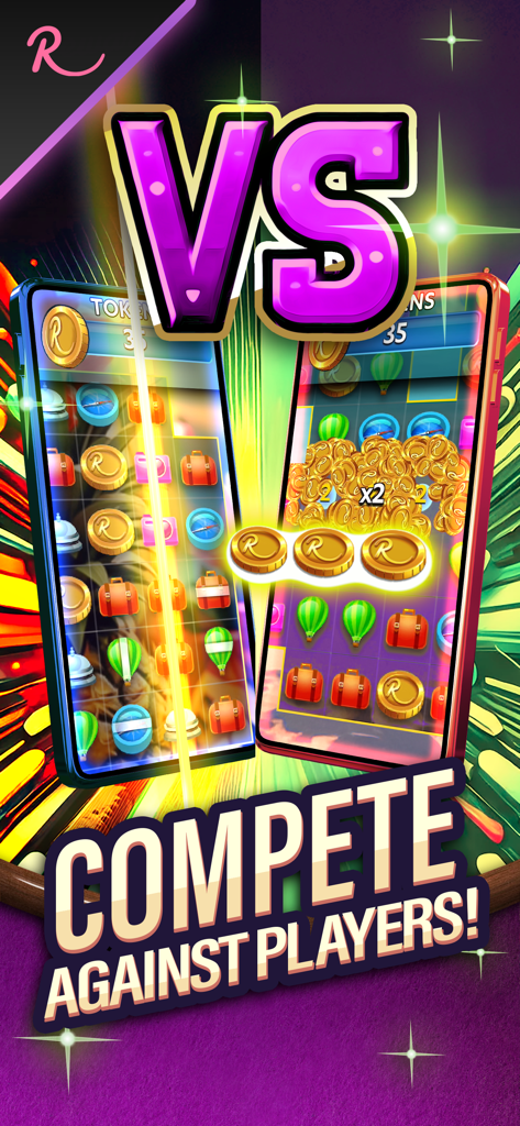 Match To Win: Real Money Games - Due telefoni cellulari che mostrano il gameplay match 3 con un grande simbolo VS e il testo Gareggia contro i giocatori