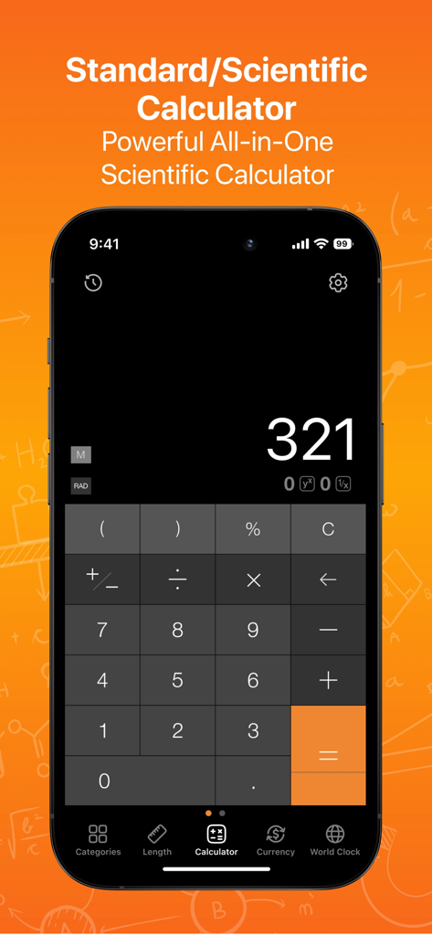 CalConvert: Pro Calculator $€ - Interface of CalConvert app showing the standard and scientific calculator screen