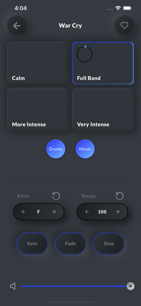 Interface de l'application Whoop Triggerz Plus montrant des pads d'intensité musicale pour War Cry et divers contrôles audio comme la hauteur et le tempo.