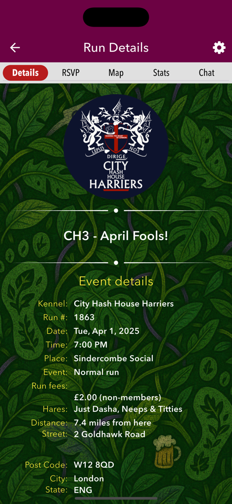 Harrier Central - A tela de Detalhes da Corrida no aplicativo Harrier Central exibindo informações do evento para o City Hash House Harriers em Londres.