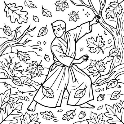 Immerse yourself in the beauty of autumn and the discipline of Aikido with this captivating coloring page. Featuring a practitioner in a dynamic pose surrounded by nature's fall bounty, it offers a unique blend of martial arts and seasonal charm.