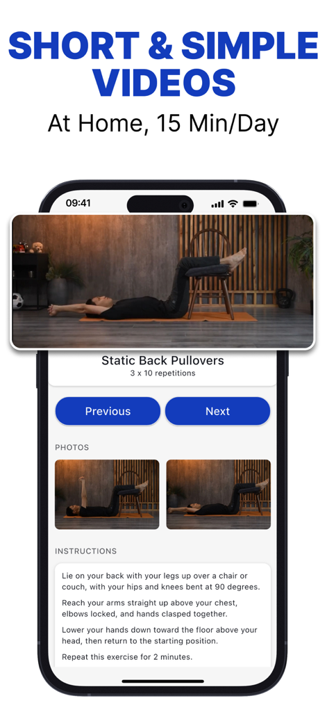 Postureletics Back Pain Relief - Postureletics app interface showing a 15-minute home exercise video for back pain relief
