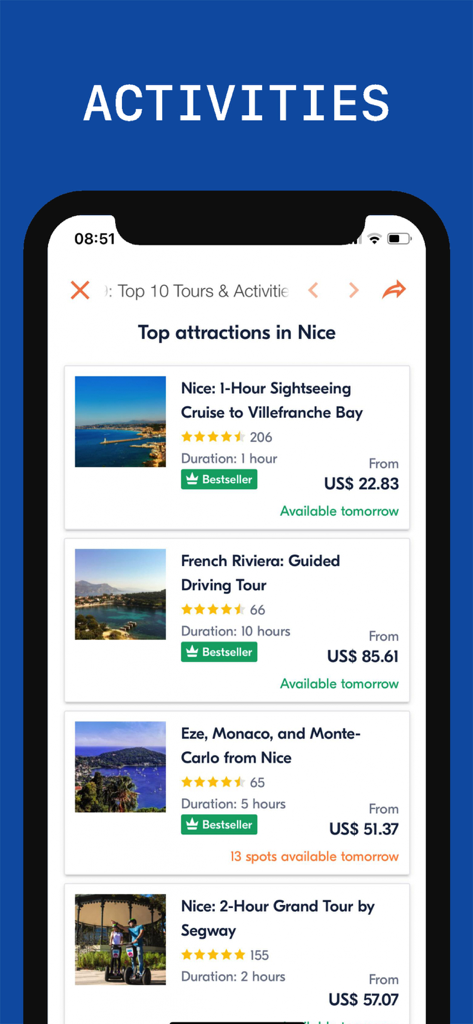 니스 여행 가이드 앱 화면에 가격이 USD로 표시된 니스 투어 및 액티비티 표시