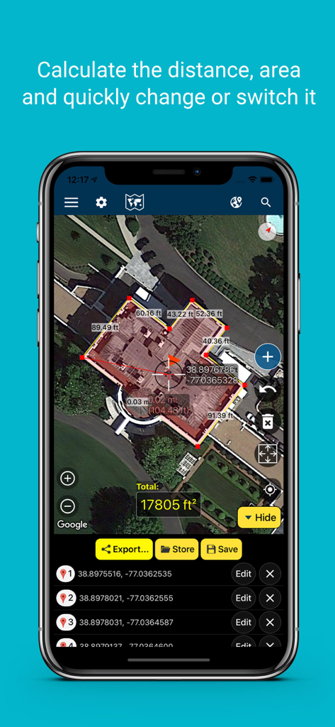 Measure Map - Smartphone screen showing the Measure Map app calculating the area and distance of a building using a satellite map