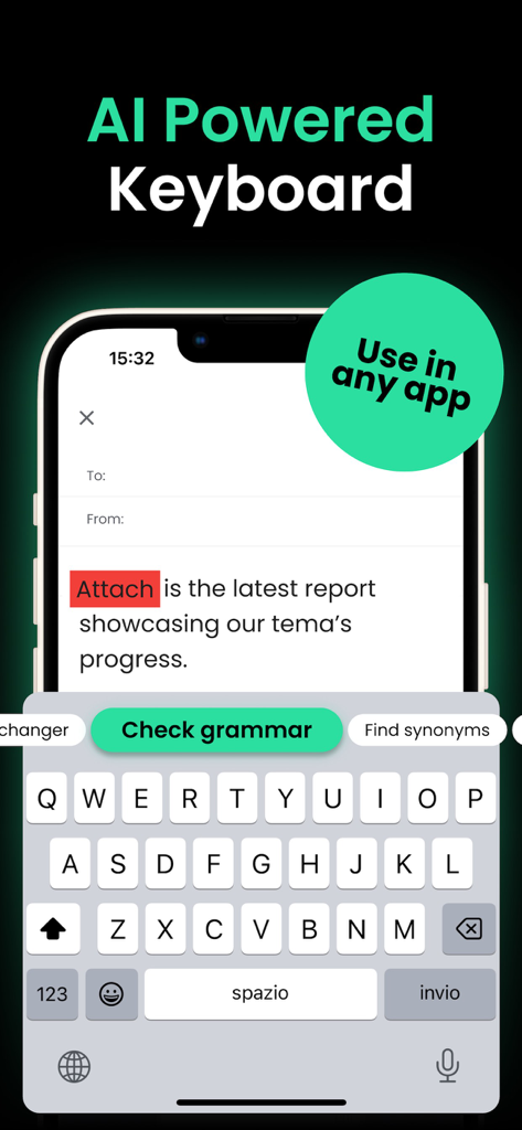 ChatBy AI Chat Bot and Creator - A smartphone showing the ChatBy AI powered keyboard with a grammar check feature active in an email application.