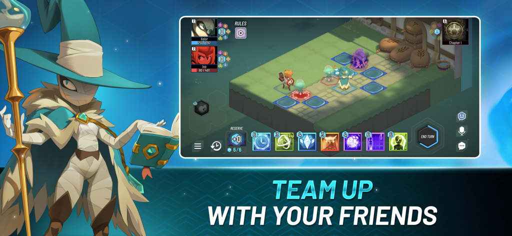 Tactical turn-based battle in Waven featuring a mage character and multiplayer team up message