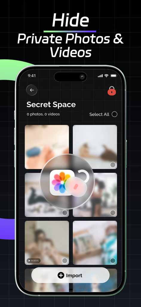 PixBox: Compress & Clean - iPhone screen displaying the PixBox app Secret Space feature for hiding and protecting private photos and videos