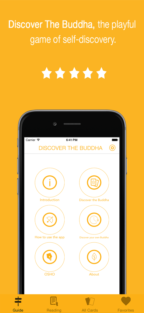 Discover the Buddha - Interface do menu principal do aplicativo Descubra o Buda com vários ícones de navegação em um fundo amarelo.