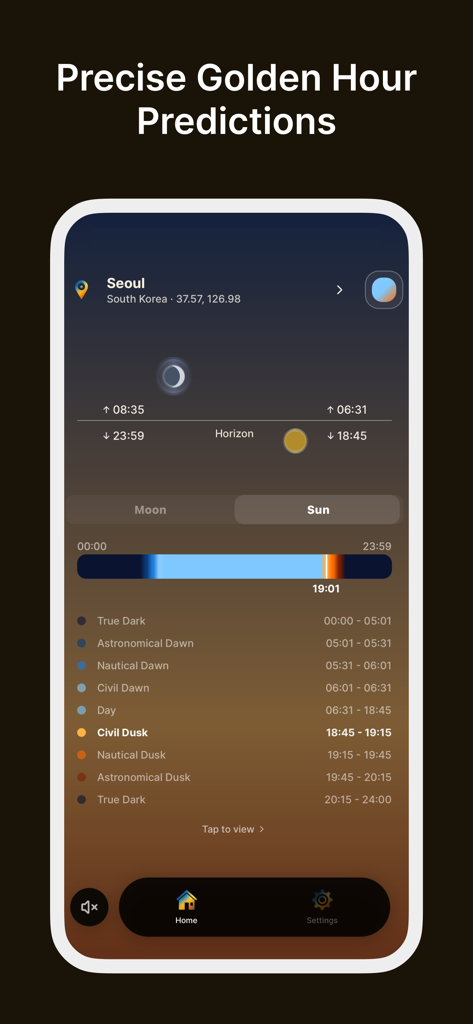 Golden Horizon: Sunrise Sunset - Interfaz de la aplicación Golden Horizon que muestra predicciones precisas de la hora dorada y fases de luz diarias
