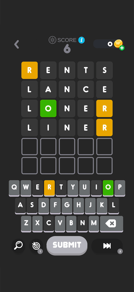 A word puzzle game interface showing a grid with word guesses and a color coded keyboard for mobile brain training