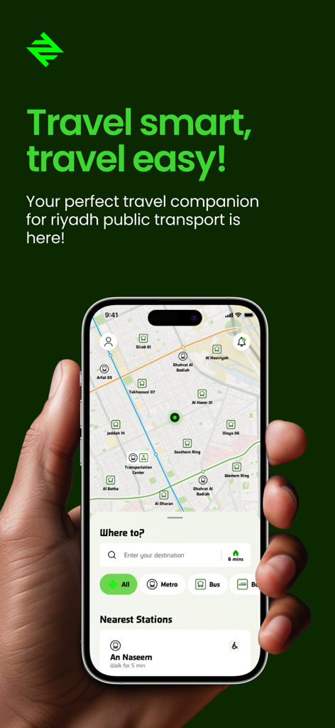 A smartphone displaying the darb app interface for Riyadh public transport featuring a transit map and journey planner