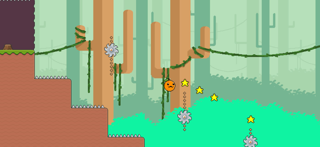 Orange Family - Father Orange character jumping through a forest level with buzz saw obstacles and collectible stars in Orange Family
