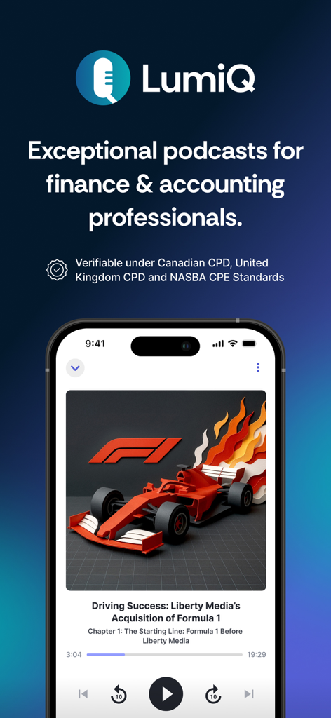 Interfaz de la aplicación de podcast LumiQ para profesionales de finanzas y contabilidad que muestra un caso de estudio empresarial