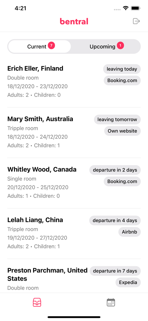 Bentral - Bentral app interface showing a list of current and upcoming guest reservations with booking details and source channels