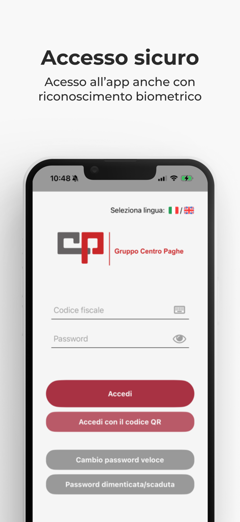 Secure login screen of the CPeople productivity app with biometric and QR code access options.