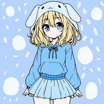 pretty anime girl wearing a fluffy hoodie with bunny ears on the hood and a skirt