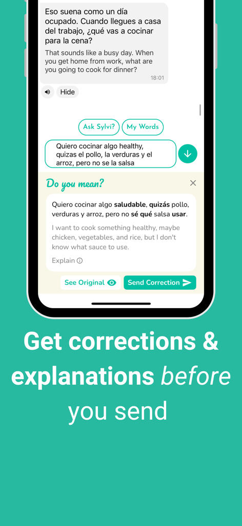 Sylvi app interface showing real-time AI corrections and explanations for a Spanish conversation.