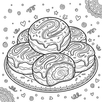 Dive into a delectable coloring adventure with this charming page featuring a plate full of Boston Cream Doughnuts. Each doughnut promises a delightful coloring experience, from its rich glaze to its creamy filling and whimsical confectionery details.