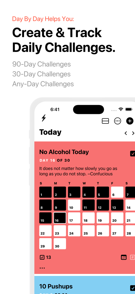 90 Day Challenge : Day by Day - Interface of the Day by Day app tracking a 30-day no alcohol challenge with a calendar grid