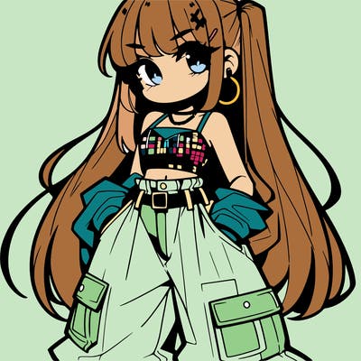 cute anime bad girl with baggy pants and crop top