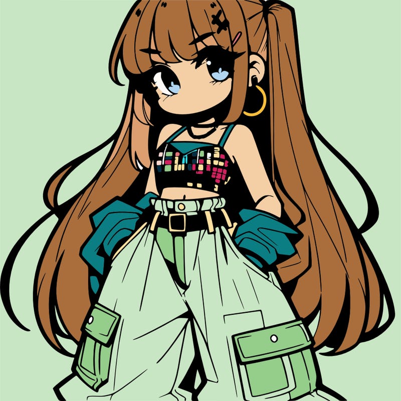 cute anime bad girl with baggy pants and crop top
