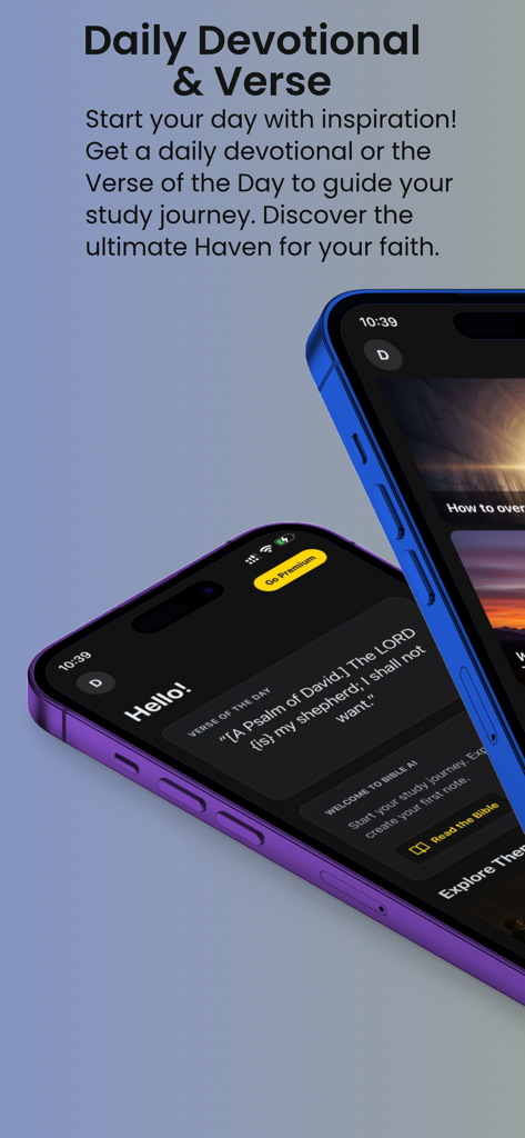 Pantallas de smartphone que muestran la función de devocional diario y versículo del día de la aplicación BibleAI con texto inspirador.