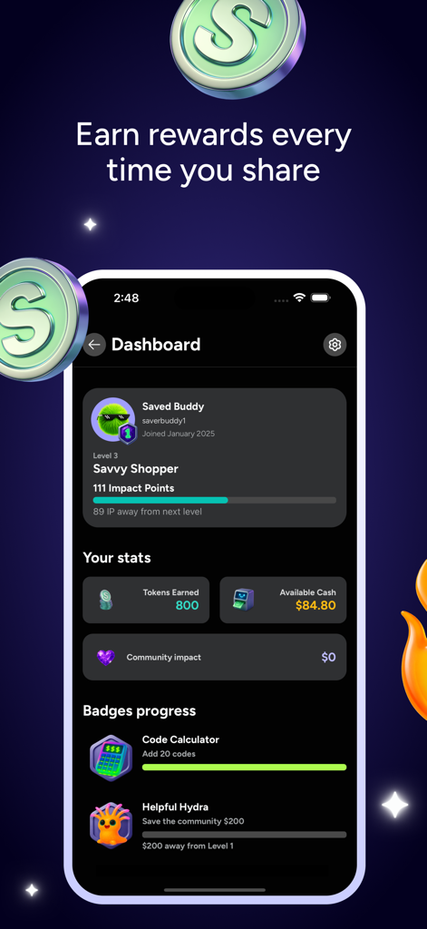 SimplyCodes: Coupons & Rewards - SimplyCodes app dashboard showing user rewards, tokens earned, available cash, and badge progress.